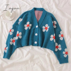 Ingvn - Spring College Style Flower Print Knitted Doat Loose Retro V-neck Cute Light Green Sweater Cardigan Blouse Short Section
