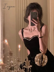 Ingvn - Summer New Elegant Spaghetti Strap Velvet Vintage Black Dress Women Sexy Prom Evening Party Fashion Clothing