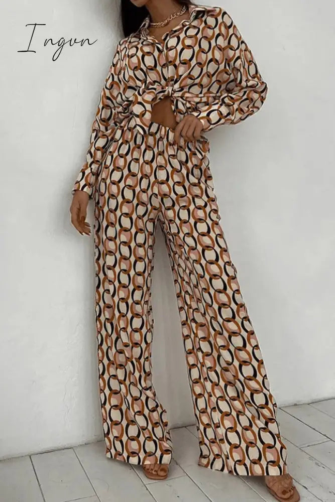 Ingvn - Casual Geometric Print Buttons Turndown Collar Long Sleeve Two Pieces