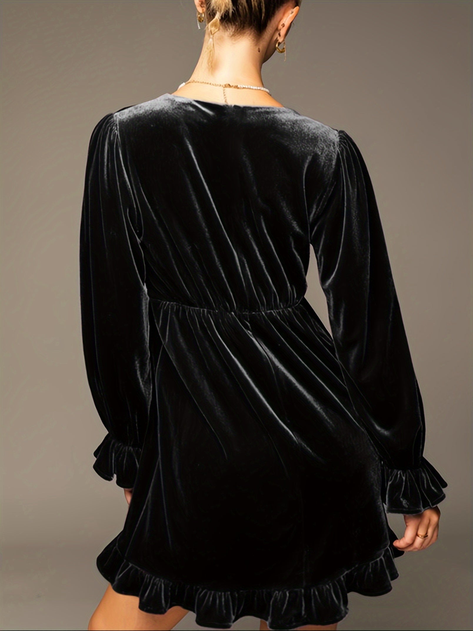 V Neck Velvet Dress For Women Long Sleeve Ruffle Midi Dress Wedding Party Dress With Pockets