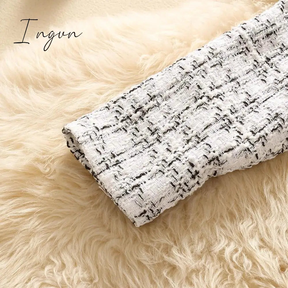 Ingvn - 2023 Trends Hot Sale Kurta For Women Cropped Tweed Coat Vintage O-Neck Open Stitch Tassel Slim Plaid Jacket Korean Blends Wool Outwear Tops Female