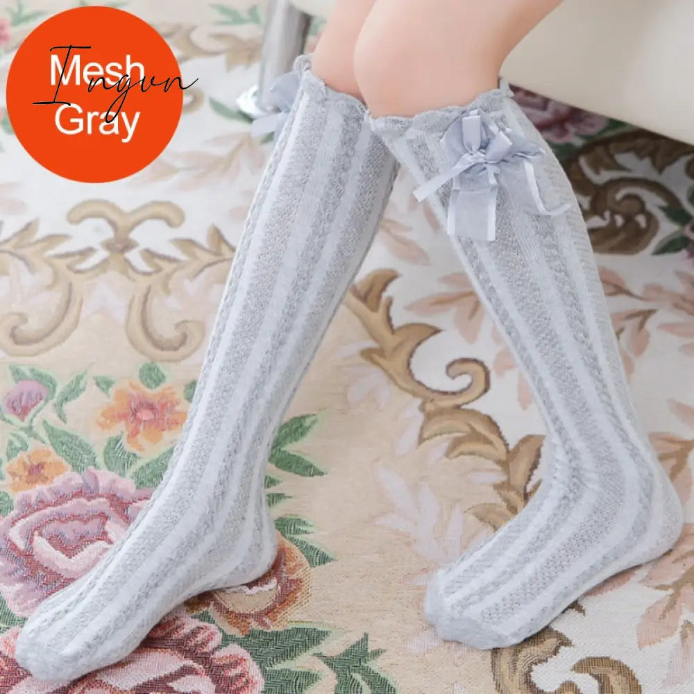 Ingvn - Spring Summer Girls Knee High Socks for Kids Children Bowknot Mesh Breathable Long Tall Socks White Gray Black Pink 3-12 Years