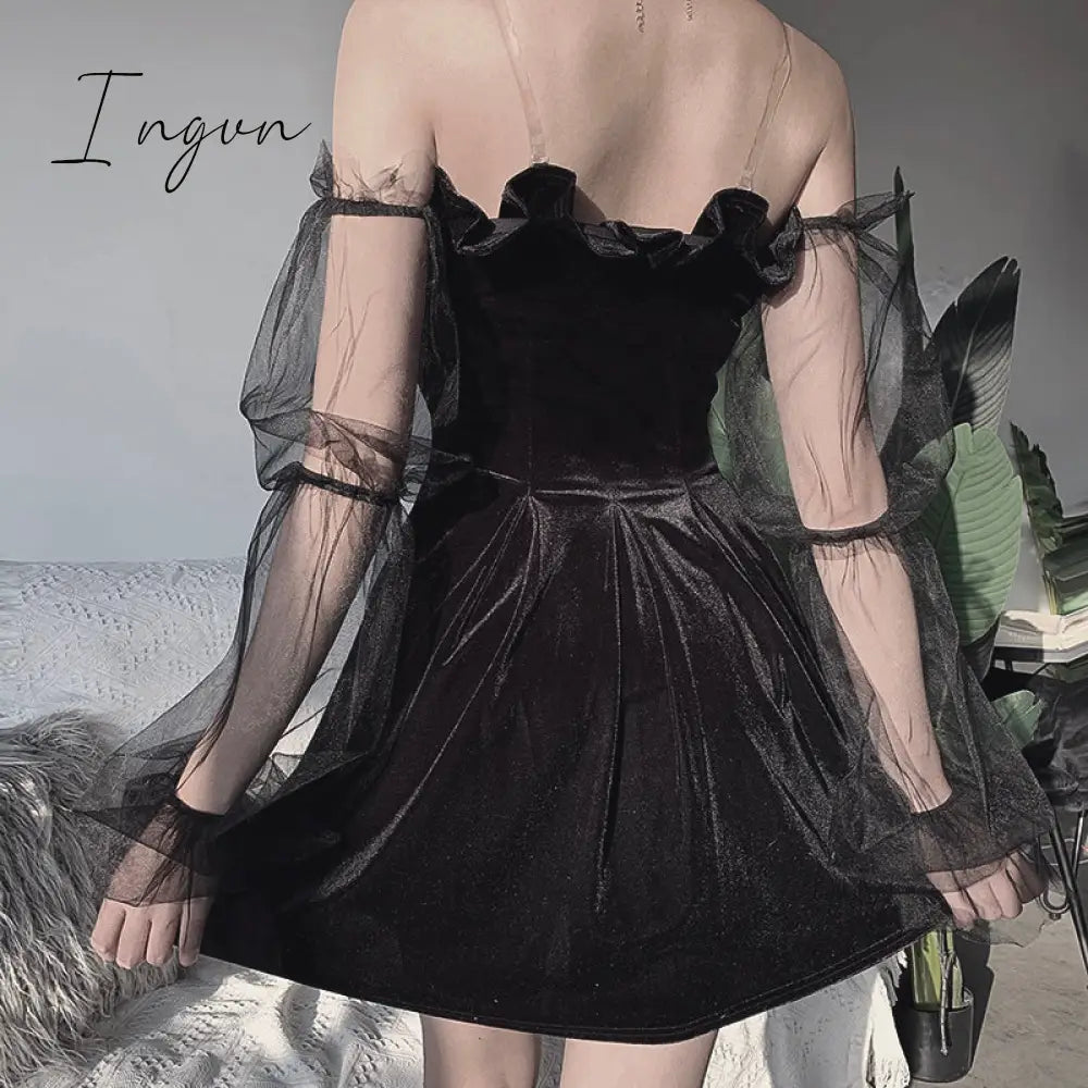 Ingvn - Gothic Sexy Dress Vintage Off Shoulder Lantern Sleeve Mesh Patchwork Velvet Mini Dress Dark Street Black Dress for Female
