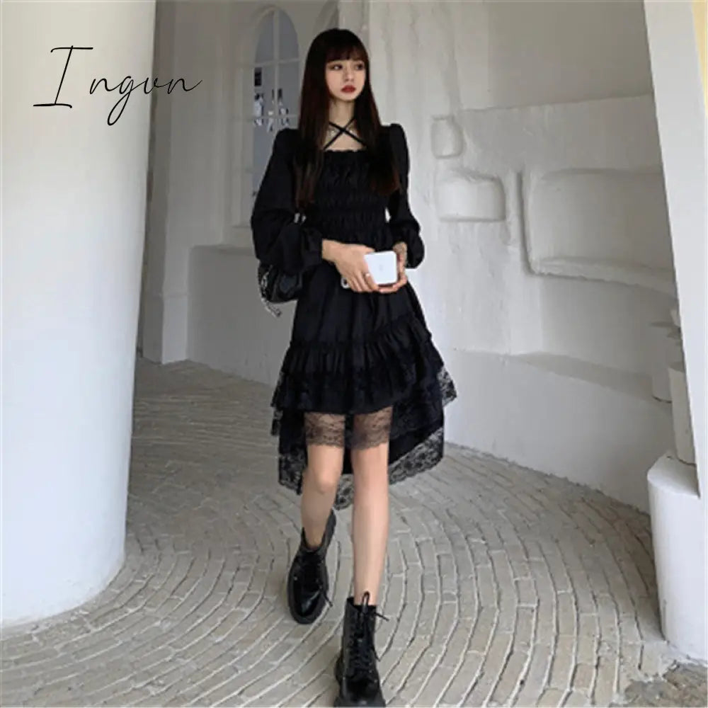Ingvn - New Gothic Women Black Fairy Party Dress Cross Square Collar Lolita Princess Irregular Dress Cute Kawaii Lace Ruffles Chic Dress