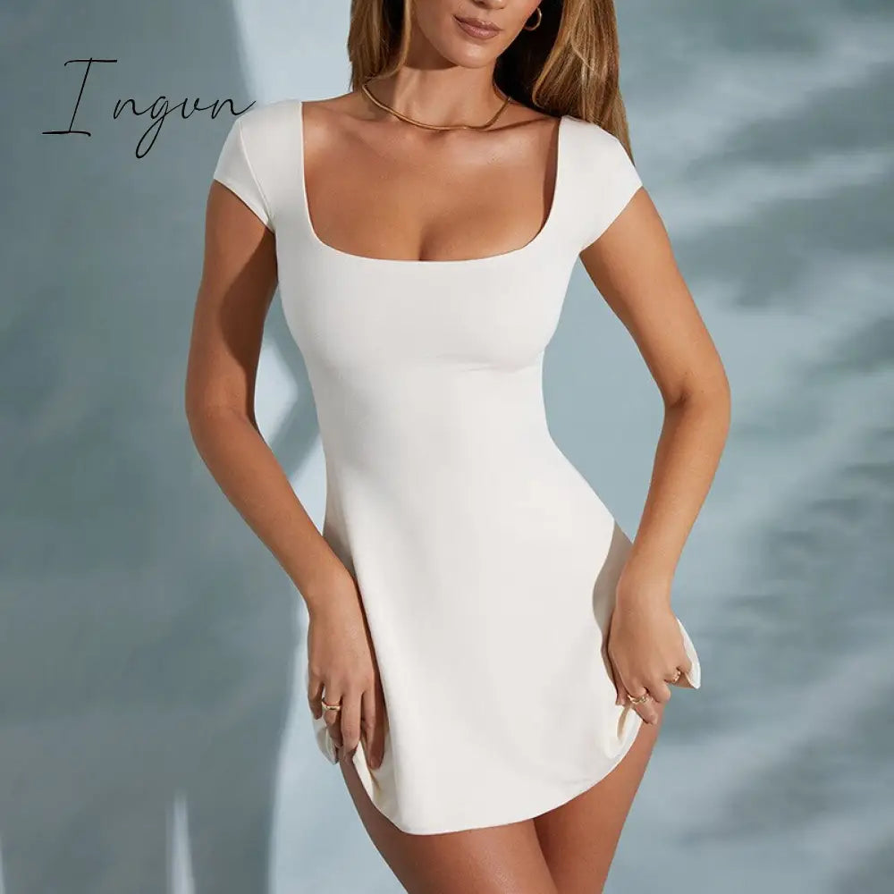 Ingvn - 2023 Spring/summer New European And American Style Women's U Neck Short Sleeve Open Back Strap Wrap Hip Dress
