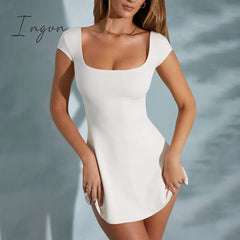 Ingvn - 2023 Spring/summer New European And American Style Women's U Neck Short Sleeve Open Back Strap Wrap Hip Dress