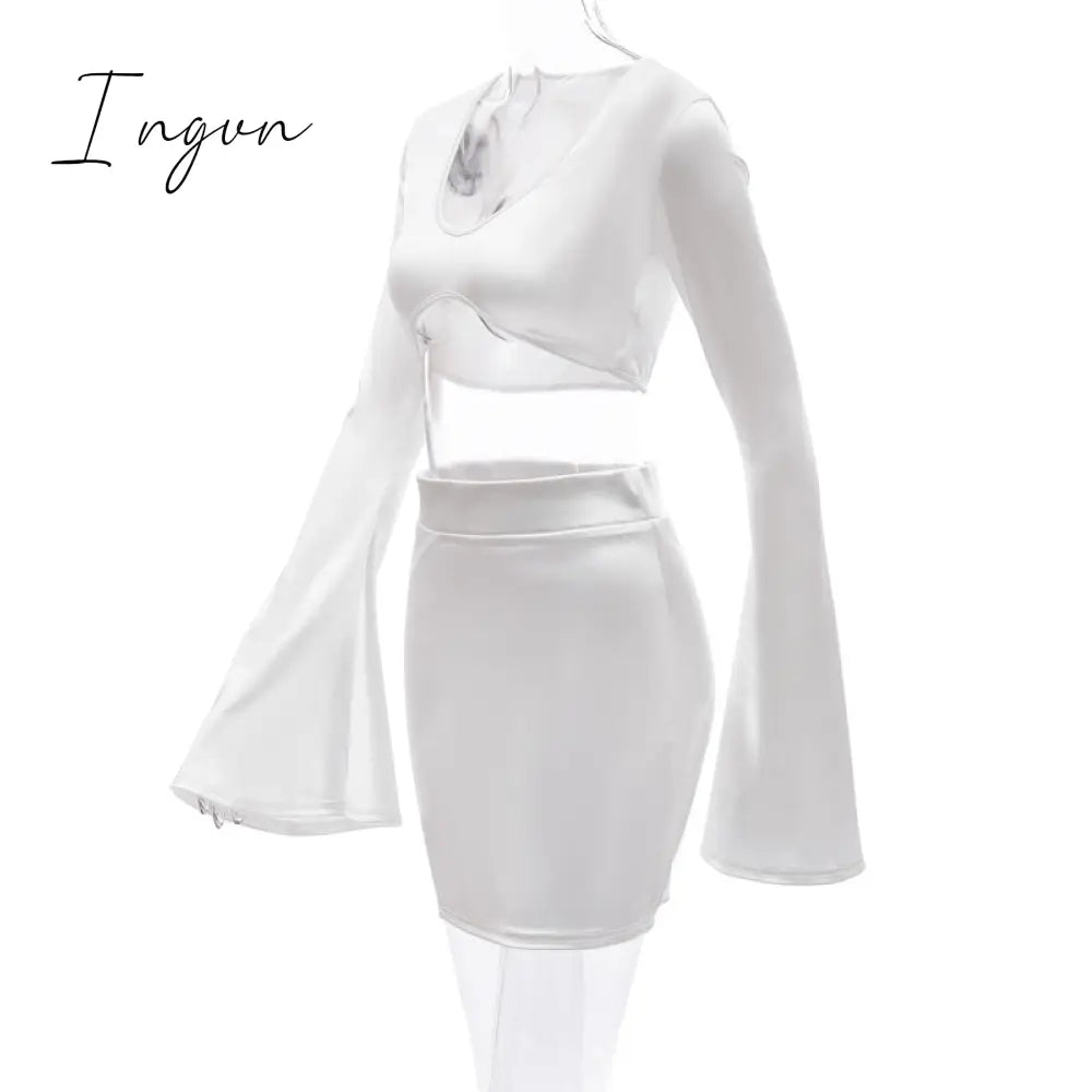 Ingvn - Satin Flare Long Sleeve 2 Two Piece Matching Set Women Crop Top Skirt Autumn Winter Birthday Fashion Sexy Clothes