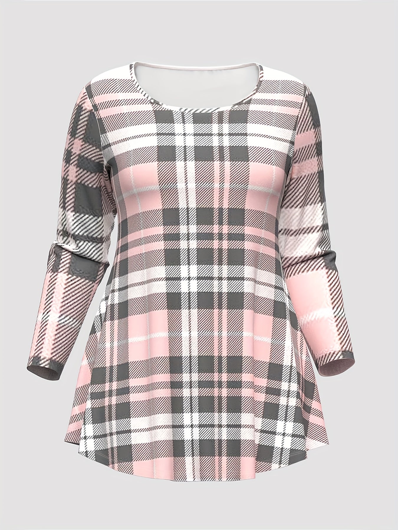 Women's Casual Outfits Set, Plus Size Plaid Print Long Sleeve Round Neck Top & Flared Leg Pants Outfits 2 Piece Set