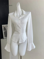 Ingvn - Women Retro Solid Color Slim Chiffon Shirt Turn-down Collar Flare Sleeve Tunic Bandage Design Female Blouses 2023 Spring Summer