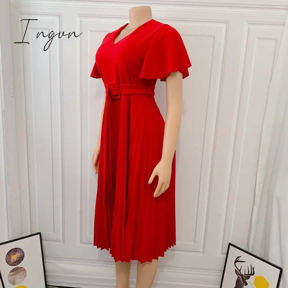 Ingvn - Women Pleated Dresses High Waist Short Sleeves A Line Modest African Office Ladies Work Wear Date Elegant Classy Robes Vestidos