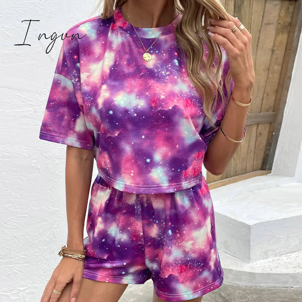 Ingvn - Tie Dye Round Neck Dropped Shoulder Half Sleeve Top and Shorts Set
