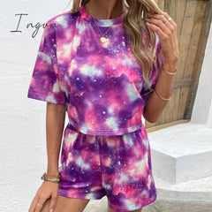 Ingvn - Tie Dye Round Neck Dropped Shoulder Half Sleeve Top and Shorts Set