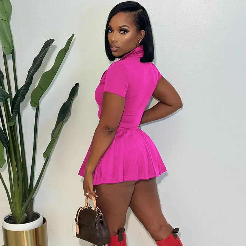 Knitted Pleated A-line Skirt Sets Womens 2 Piece Outfit Zipper Turn-down Collar Crop Top and Mini Skirts New in Matching Sets