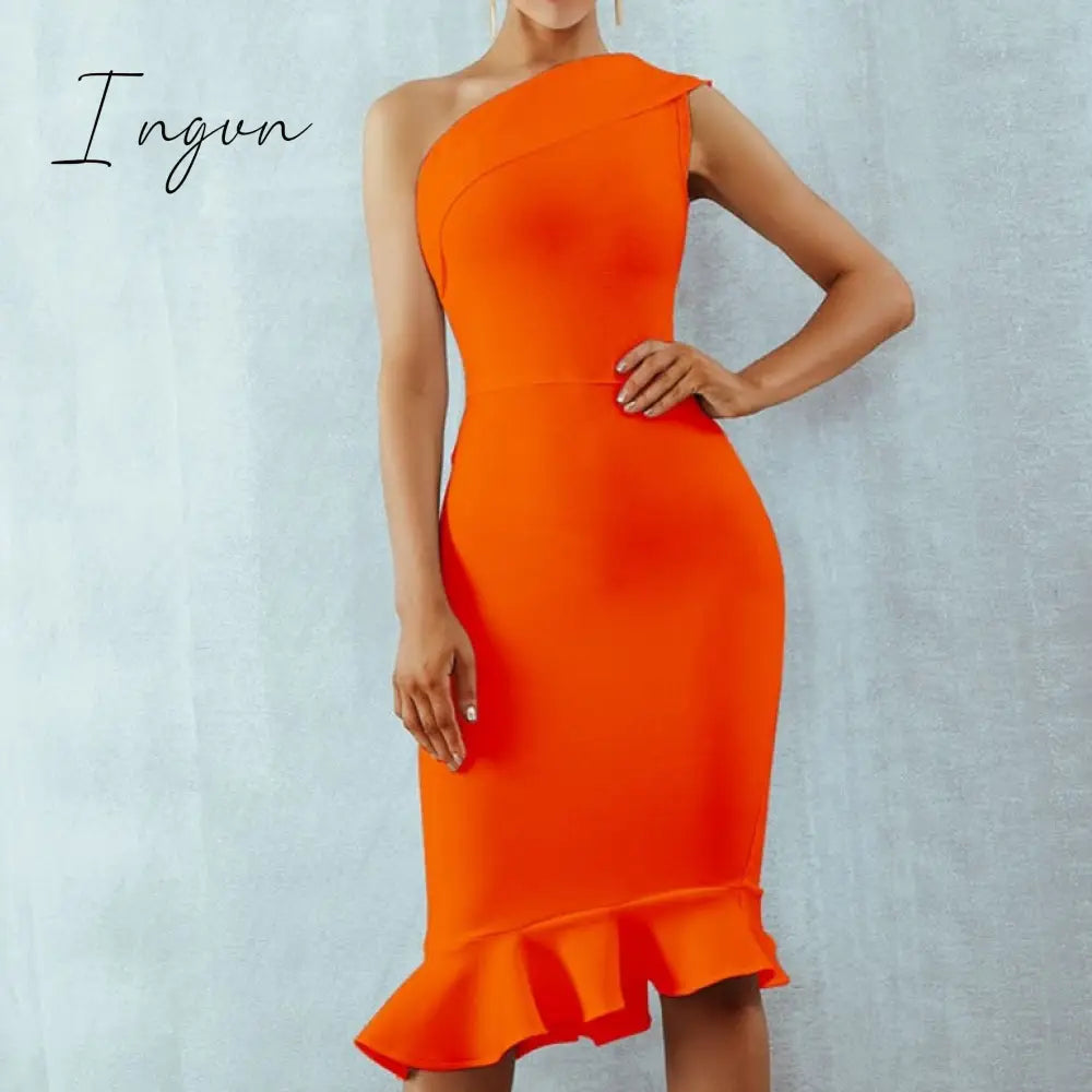 Ingvn - New Summer Women Bandage Dress Sexy One Shoulder Sleeveless Ruffles Nightclub Celebrity Evening Party Mermaid Dresses