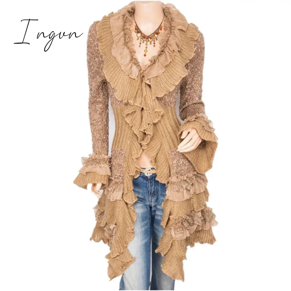 Ingvn - Cardigan Sweater Women's Knitted Single-breasted Lace Bell Sleeve Mid-length Coat