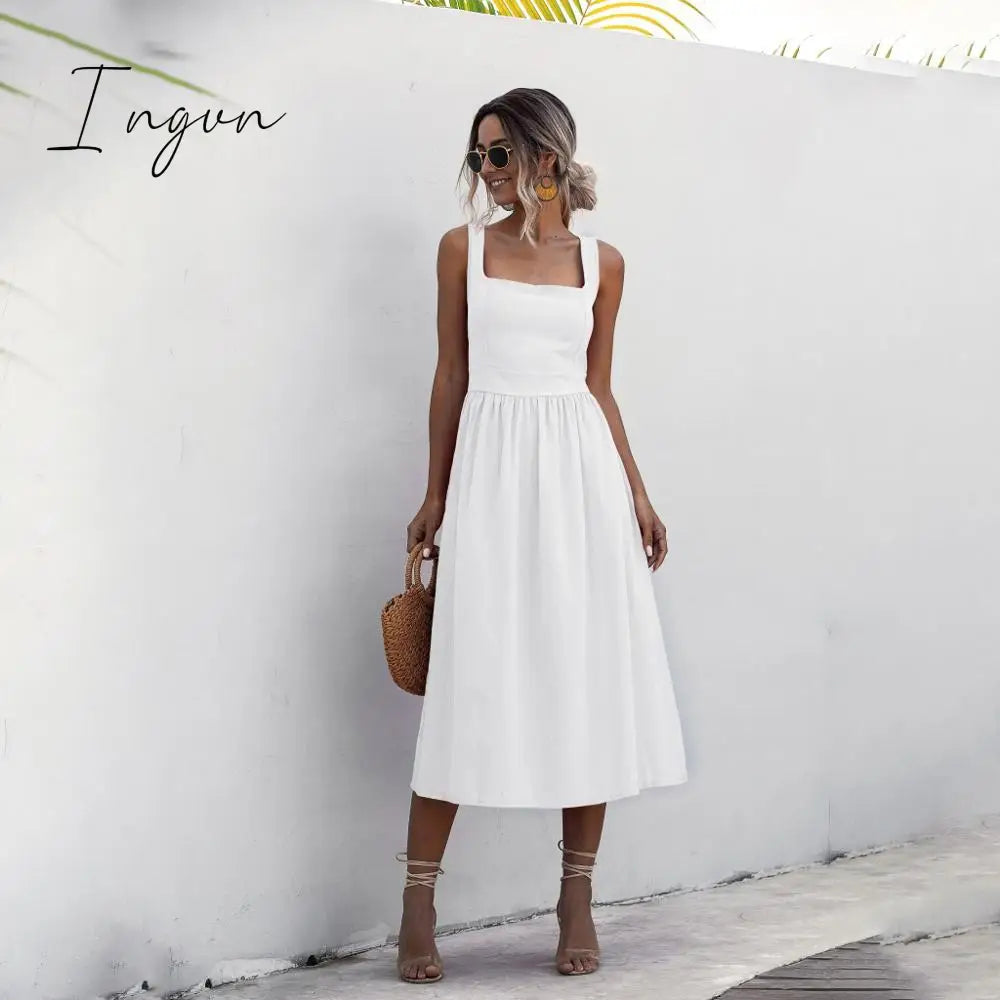 Ingvn - Women Long Dress Summer Sexy Backless Casual White Black Ruched Slip Midi Sundresses Ladies Strap Clothes For Women y2k