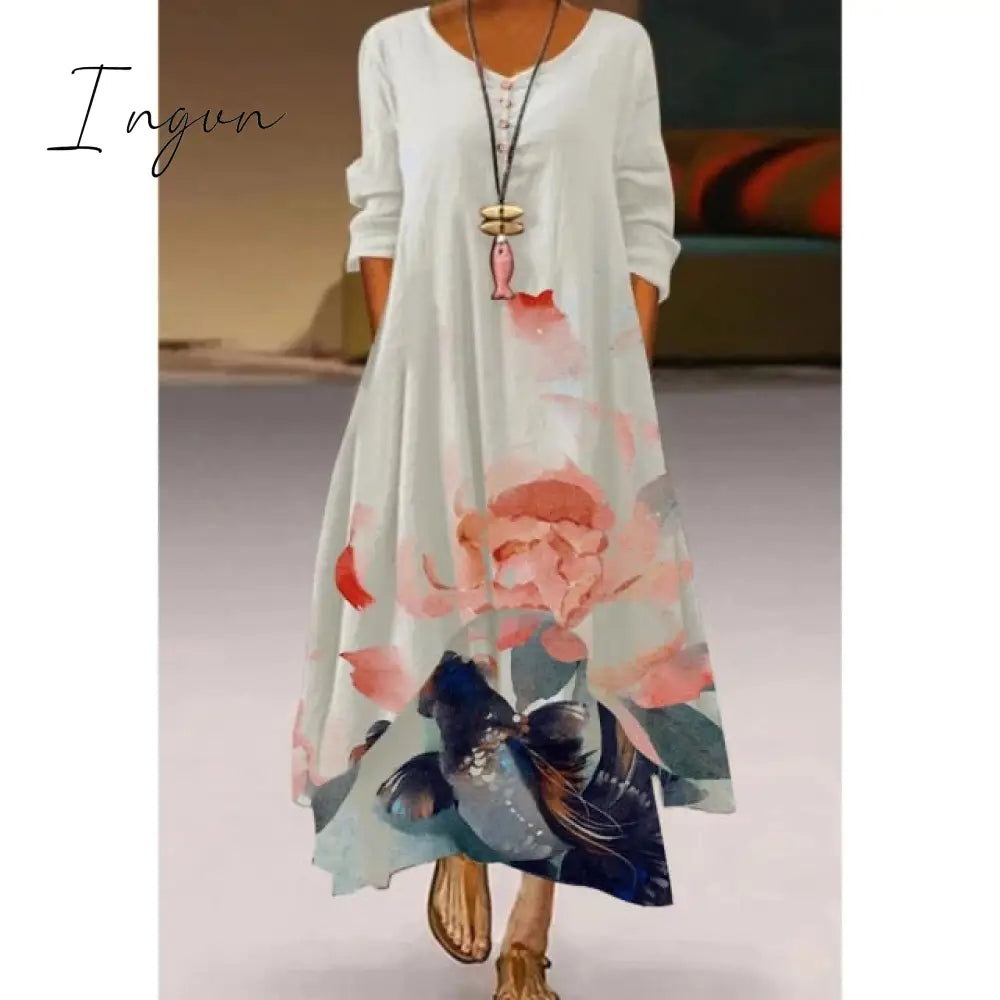 Ingvn - Fashion Summer Maxi Dress Women's Printed Sundress Casual Short Sleeve Vestidos Female High Waist Robe Femme midi elbise