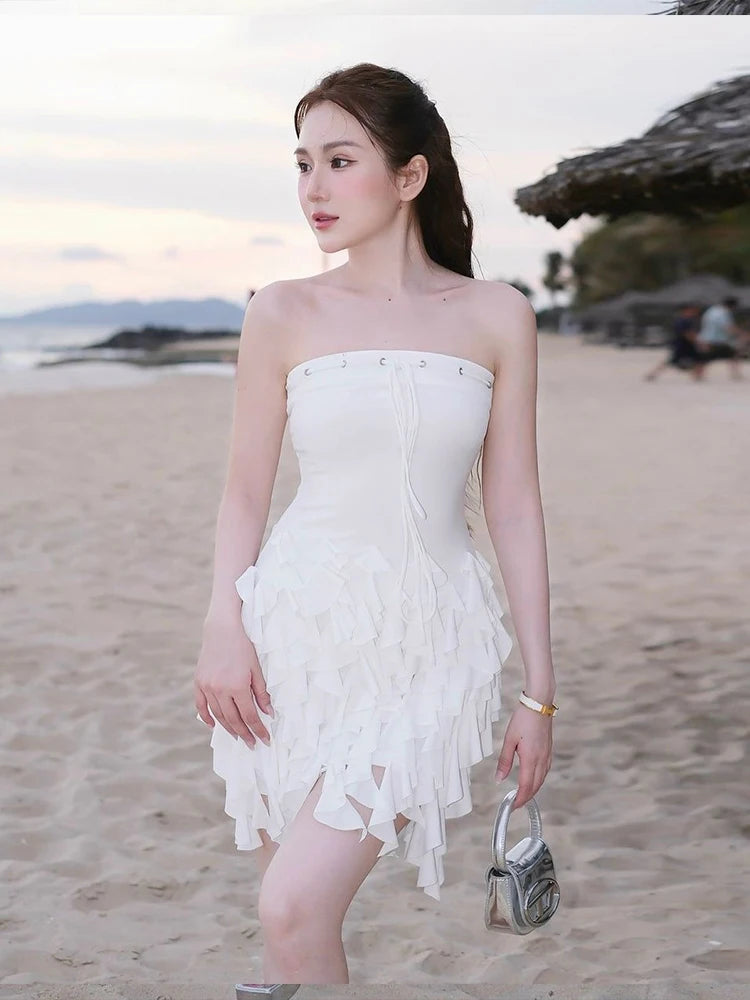 Fashion Tassel Hem Tops Women Wrap Multi-Layered Ruffles Lace-Up Solid Skinny Beach Party Street Girly Classic Crop Tops