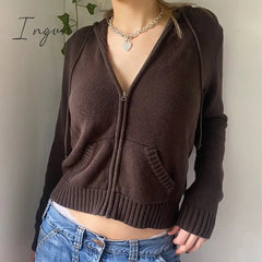 Ingvn - Women’s Full Zip Knit Hoodies Casual Sweaters Solid Color Long Sleeve Drawstring Sweatshirts Cardigan Zip-up Y2K Clothing