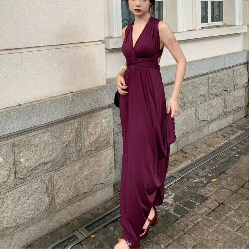 Purple Sexy Party Sleeveless Dress Women Chiffon France Vintage Long Dress Female Beach Elegant Chic Backless Dress Summer