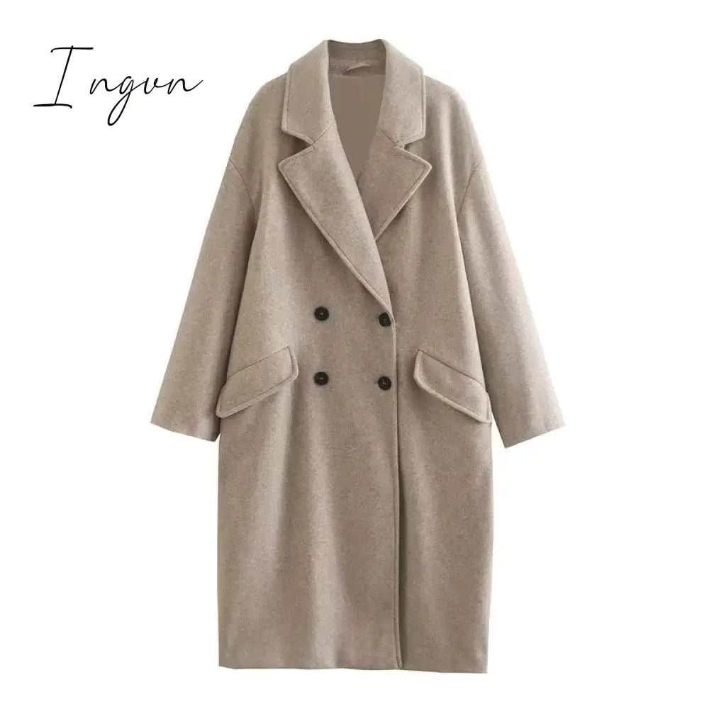 Ingvn - 2023 Trends Hot Sale Casual Autumn Women Commuter Pocket Jacket Elegant Double Breasted Straight Outerwear Fashion Lapel Solid New Long Sleeve Coats