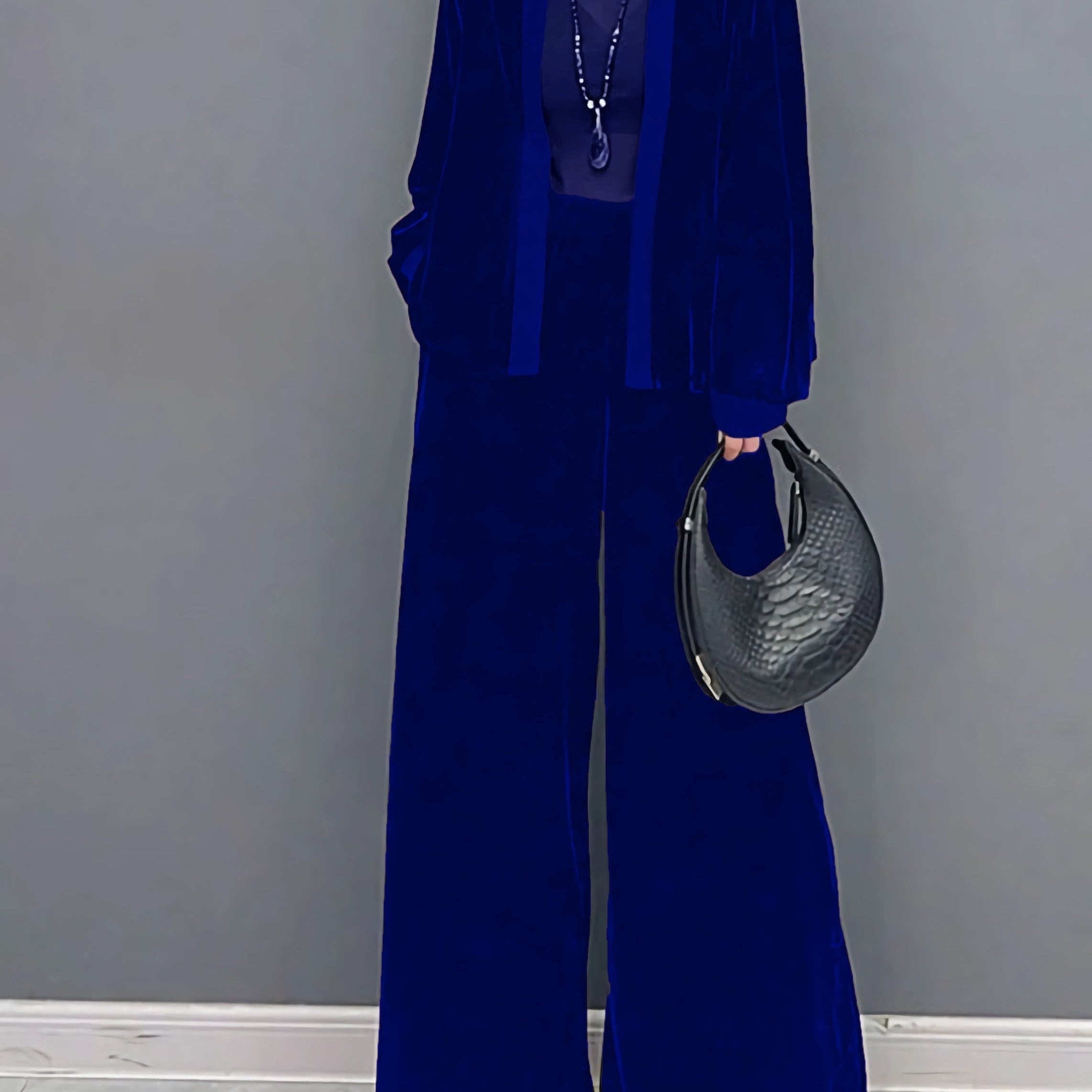 2 Pcs Velvet Solid Color Long Sleeve Open Front Top & Wide Leg Pants Outfit, Women's Clothing