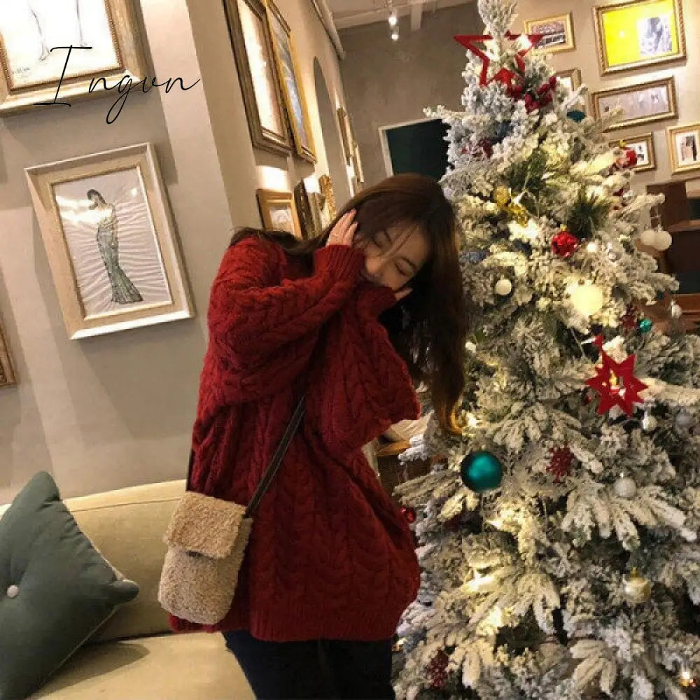 Ingvn - Korean Style 2023 New Autumn and Winter Outer Wear Underwear Fashion Knitwear Women's Mori Style Loose Red Cable-Knit Sweater