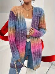 Plus Size Ombre Color Cable Knitted Cardigan, Casual Open Front Long Sleeve Cardigan For Fall & Winter, Women's Plus Size Clothing