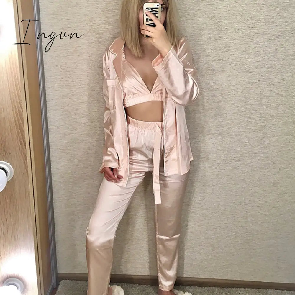 Ingvn - Fashion Solid Color Satin Robe Set With Bra Sexy Pajamas Set Female Home Suit For Women Pajama Spring Long Sleeve Sleepwear