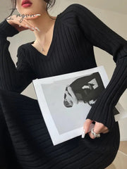 Ingvn - Winter Base Clothes 2023 Autumn New Bodycon Knitted Midi Dress Women Fashion Korean Warm Long Sweater Vestidos Female Elegant