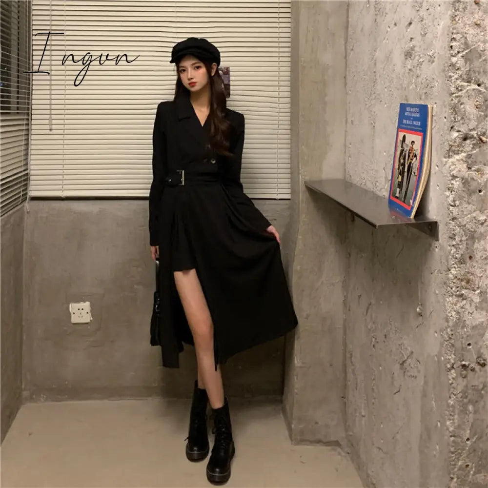 Ingvn - Long Sleeve Dresses Women Bandage Punk Streetwear Hipster Vestidos Mujer Elegant Popular Side Slit A-Line Charm Vintage Ulzzang