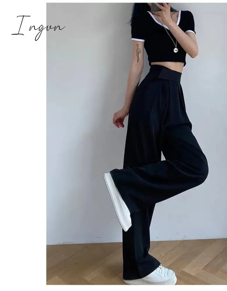 Ingvn - Brown Wide Leg Women's Classic Suit Pants Vintage Palazzo Office Elegant Casual Balck Trousers Female High Wasit Pants