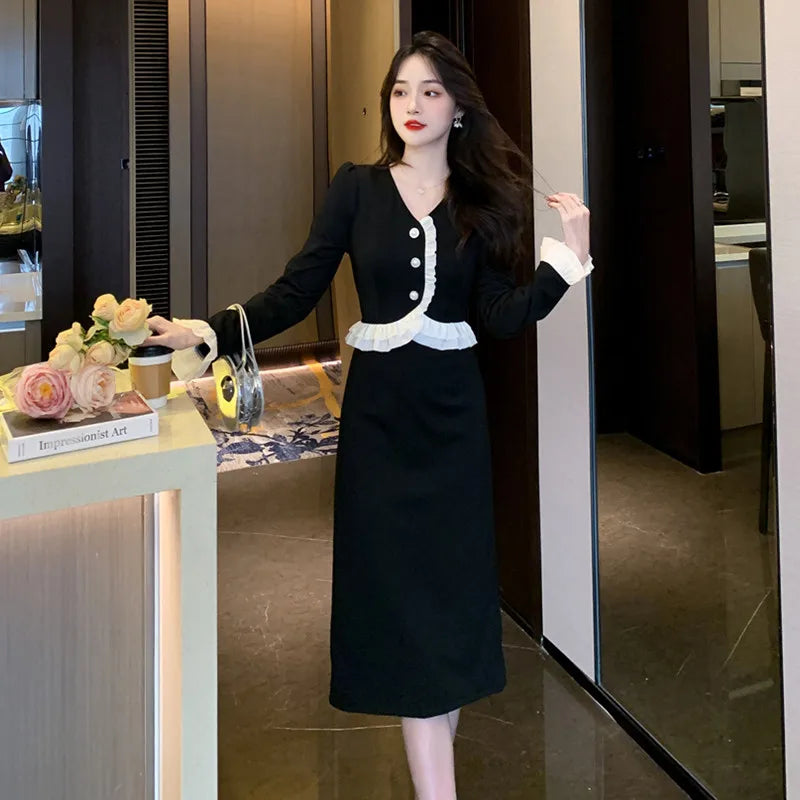 Elegant Party Fashion Black Midi Dresses for Women Autumn New V-neck Long Sleeve Patchwork Korean Chic Slim Female Clothing