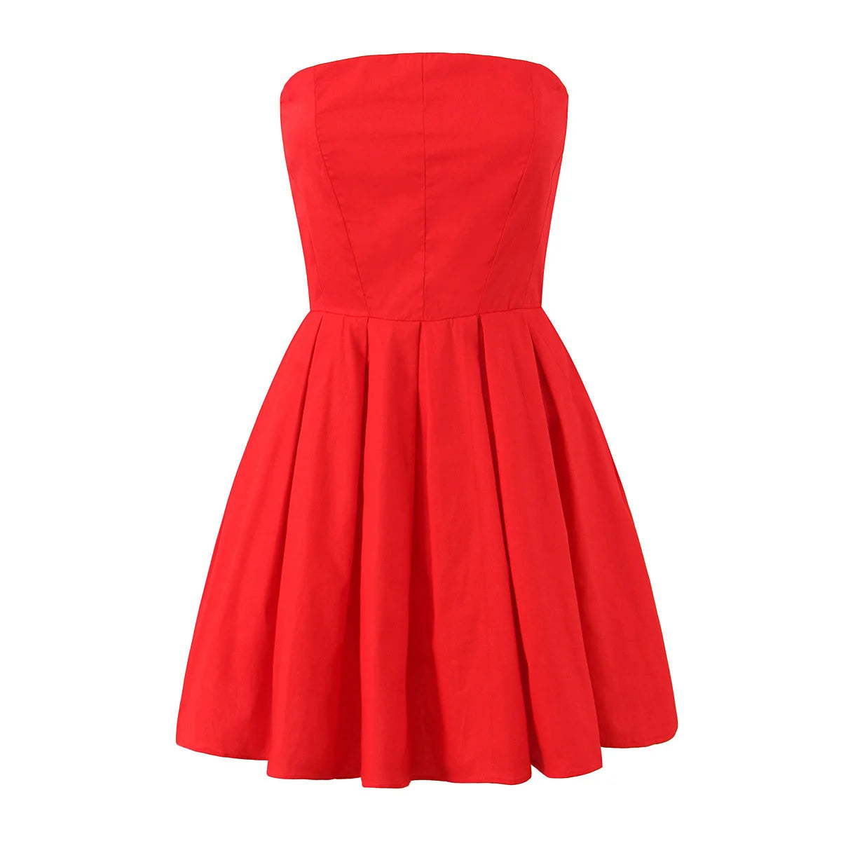 Women Pleated Hem Red Strapless Dress Sexy Elegant Christmas Party Mini Dress Female Fit And Flare Pretty Birthday Robe
