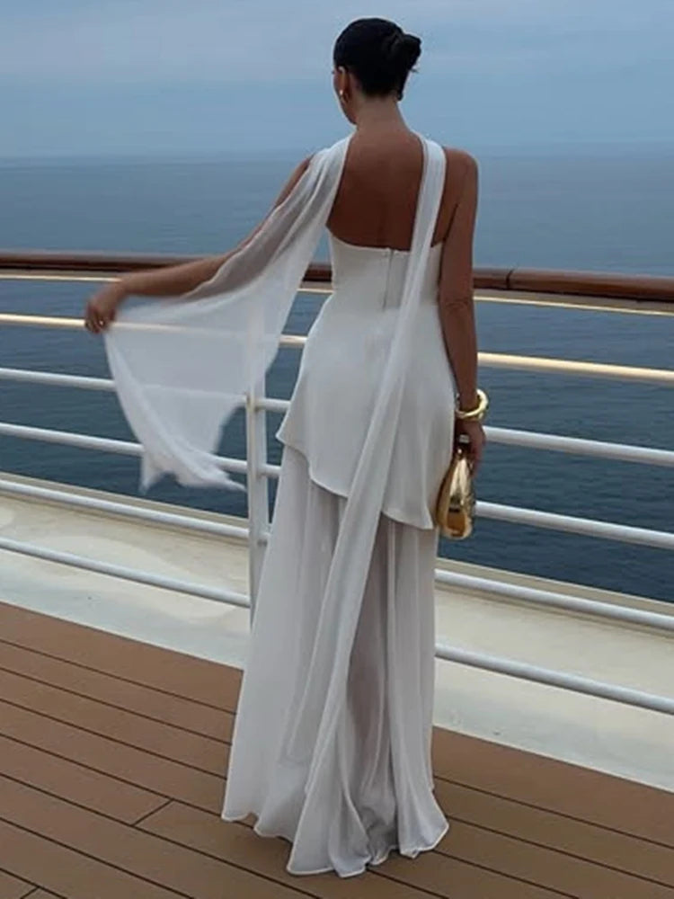 Elegant Strapless Sexy Maxi Dress For Women Gown With Scarf Off-shoulder Sleeveless Backless Split Beach Long Dress