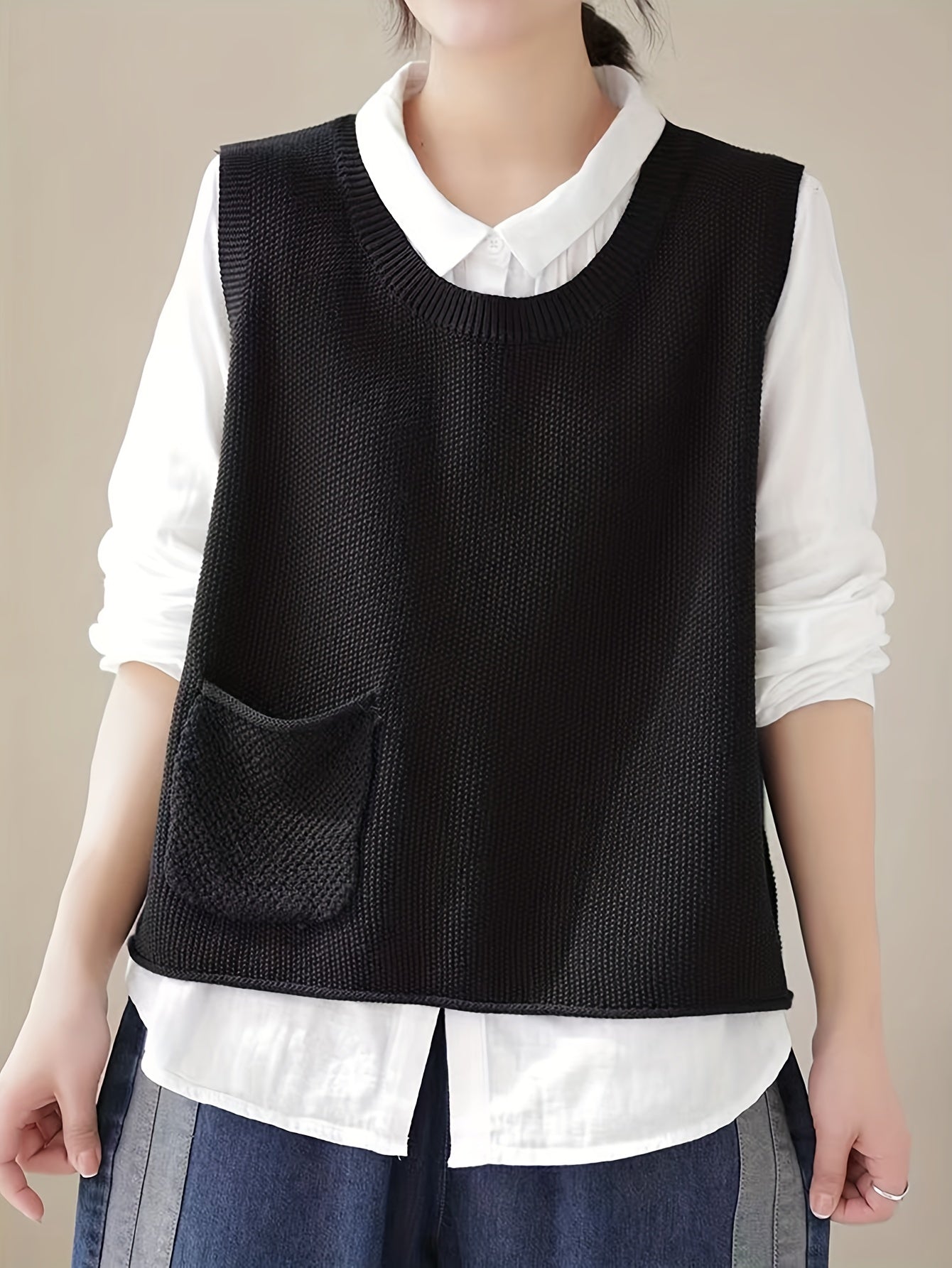 Women's Crew Neck Knit Vest - Casual Sleeveless Spring/Fall Sweater with Pocket, Easy-Care, Comfort Fit