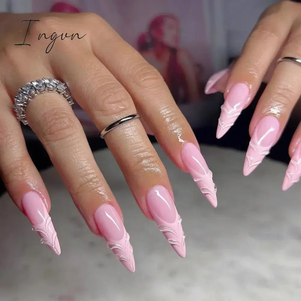 24Pcs 3D Long Almond False Nails Red Nude Ballet Stiletto Wearable Fake Nails MilkTea Color Jelly Full Cover Press On Nail Tips