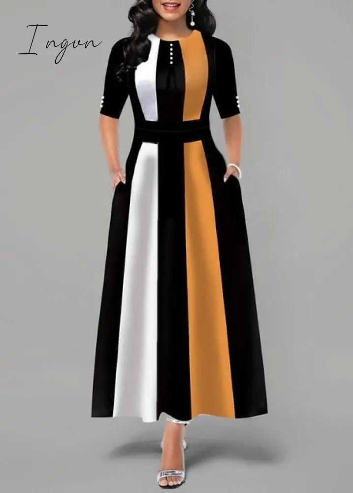 Ingvn - Ladies Fashion Half Sleeve Dress Women Elegant Round Collar Geometric Printing Splicing Temperament Maxi Dress For Ball Party