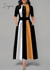 Ingvn - Ladies Fashion Half Sleeve Dress Women Elegant Round Collar Geometric Printing Splicing Temperament Maxi Dress For Ball Party