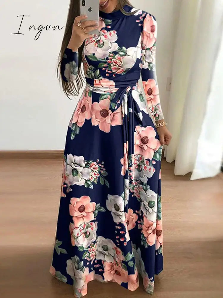 Ingvn - Women Summer Long Dress Casual Long Sleeve Boho Floral Print Maxi Dress Turtleneck Bandage Elegant Party Dresses Vestidos