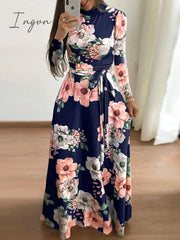 Ingvn - Women Summer Long Dress Casual Long Sleeve Boho Floral Print Maxi Dress Turtleneck Bandage Elegant Party Dresses Vestidos