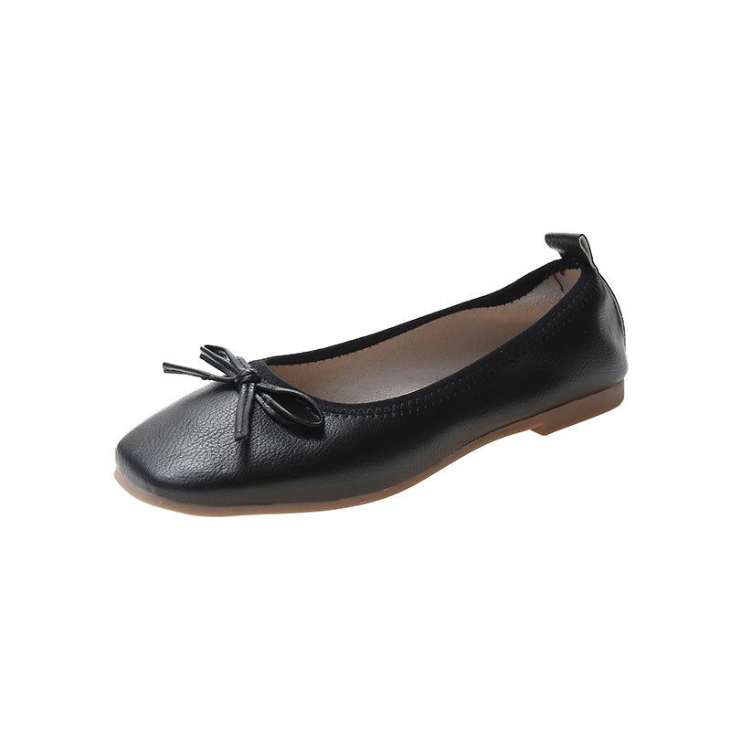 Women's bow flat shoes spring and autumn Korean style elegant shallow mouth square toe outer wear fairy style peas shoes