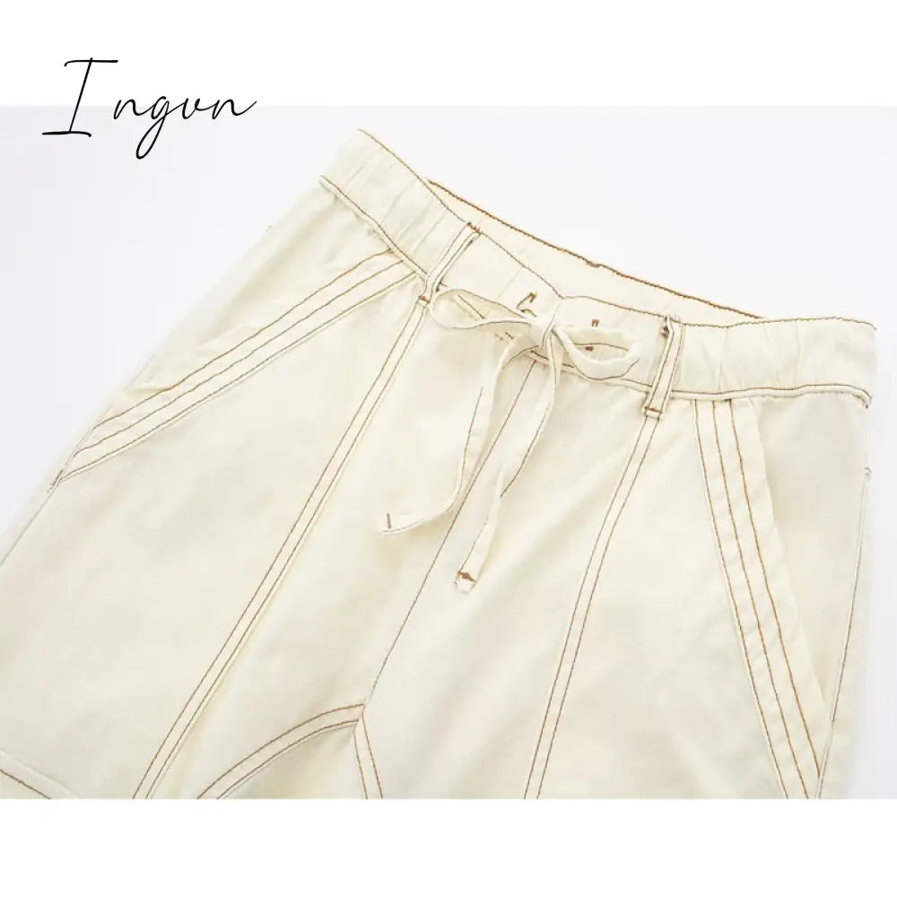 Ingvn - 2023 Cargo Pants for Women Beige Wide Leg Pants Women Summer High Waist Woman Trousers Holiday Casual Baggy Pants Woman