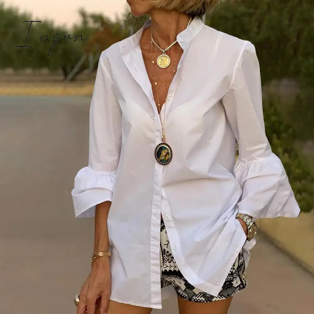 Ingvn - White Shirts Summer Women Solid Flare Sleeve Shirts Spring Blouse Sexy V Neck Button Up Office Shirt Femininas Blusas