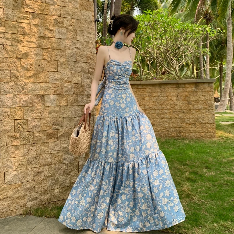 New Summer Long Print Dress for Women Strap Sleeveless Sweet Elastick Holiday Beach Casual Dresses Female Clothing