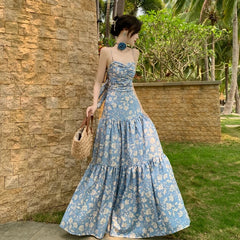 New Summer Long Print Dress for Women Strap Sleeveless Sweet Elastick Holiday Beach Casual Dresses Female Clothing