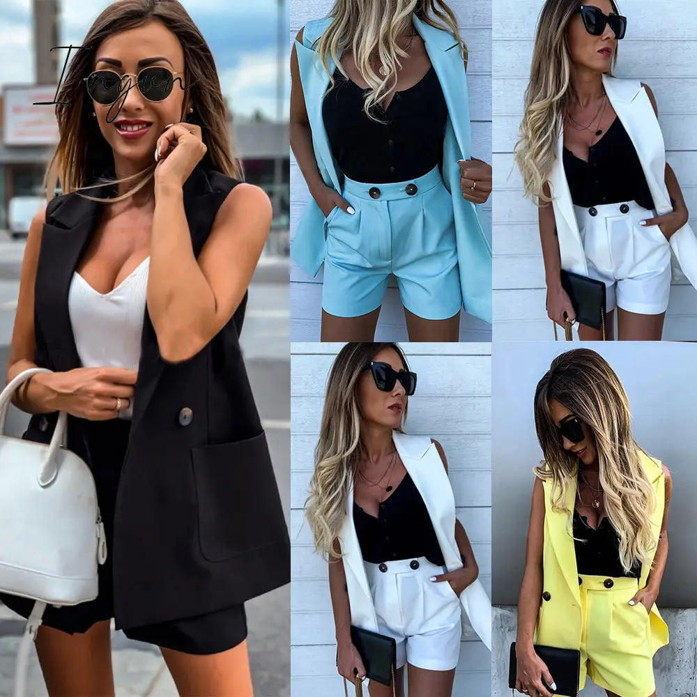 Ingvn - Women Sleeveless plaid button up elastic waist Blazer Top and pocket short Set Elegant Office Ladies Suits Women Workwear