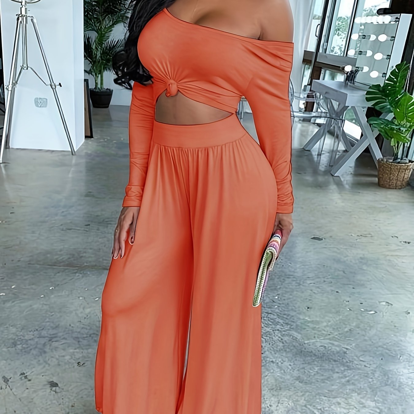 Long Sleeve Two-piece Set, Casual Solid Crop Top & Wide Leg Pants Outfits, Women's Clothing