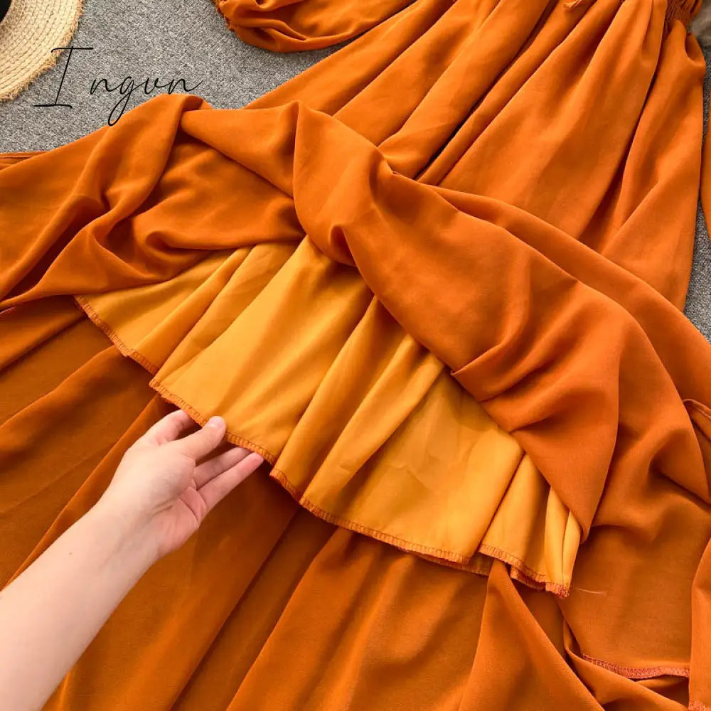 Ingvn - Woherb Chic Elegant Square Collar Maxi Dress Women Solid Chiffon Puff Sleeve Dresses Korean Fashion Vintage Ruffle Vestidos