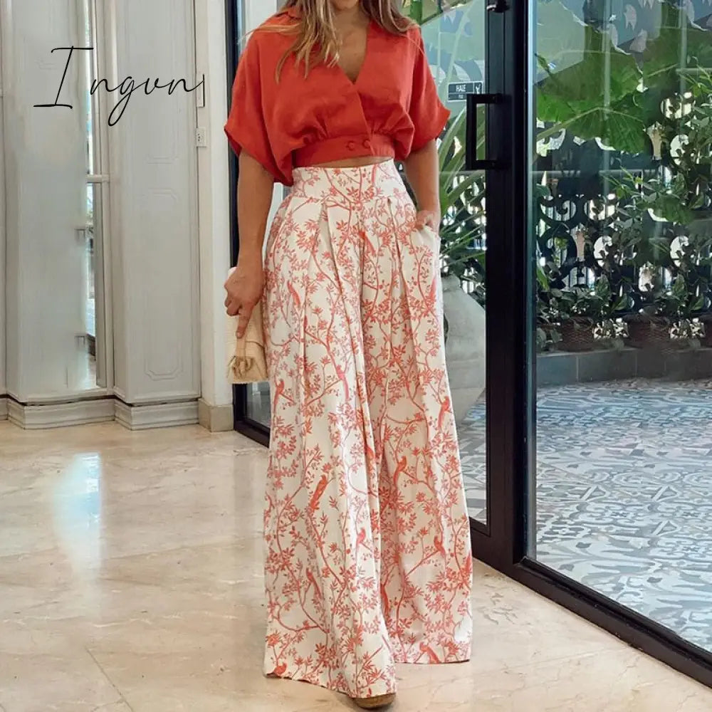 Ingvn - 2023 Fashion Summer Autumn Two Piece Sets Womens Fashion Sexy Mid Sleeve Shirt Elgant Floral Print Wide Leg Pant Suit Casual 2pcs Set Women
